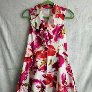 Womens Dress Red White Pink Floral Button Down Ruffle Front Size Small